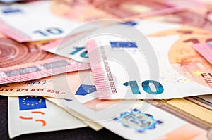 Stack of many euro banknotes