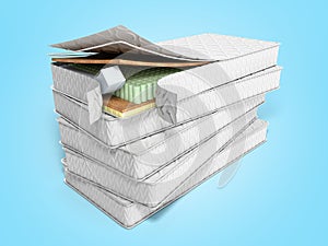 Stack of mattresses 3d render on blue background