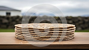 Stack of Matzo on Wooden Table.