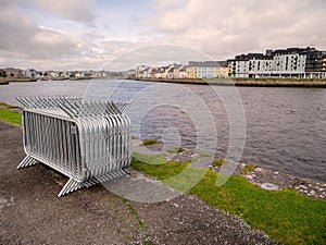 Stack of metal crowed control barriers ready to assemble in town, Concept event, music festival preparation