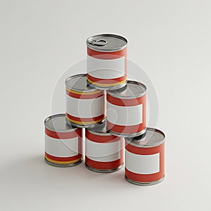Stack of Metal Food Cans with Blank Labels in Pyramid Shape