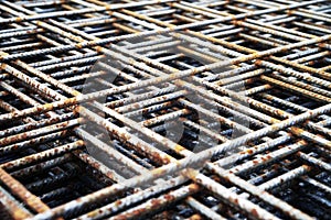 Stack of metal framework for concrete monolithic structure.