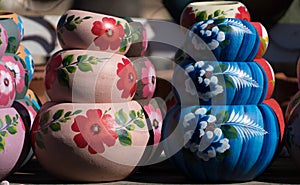 Stack of Mexican ceramic pots, blue and pink painted floral patterns