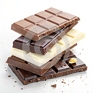 Stack of milk, dark, and white chocolate isolated on white background
