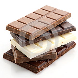Stack of milk, dark, and white chocolate isolated on white background