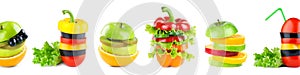 Stack of mixed fruit and vegetable slices on white background. Collection of fresh food