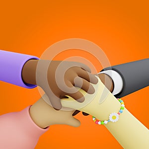 Stack of mixed race hands. Unity and teamwork concept. 3D rendered illustration in cartoon style.