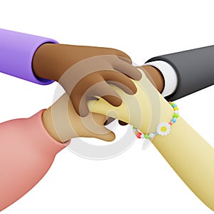 Stack of mixed race hands. Unity and teamwork concept. 3D rendered illustration in cartoon style.