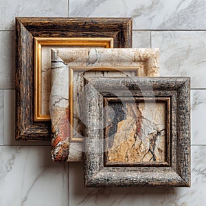 Stack of mixed unique frames for artwork on marble wall, eclectic collector mood with varied finishe