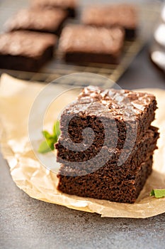 Stack of moist fudgy brownies photo