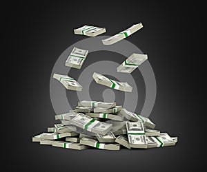 Stack of money american dollar bills falling into a pile on black background 3d render