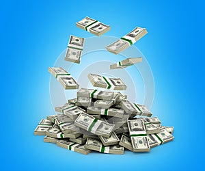 Stack of money american dollar bills falling into a pile on blue background 3d