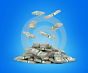 Stack of money american dollar bills falling into a pile on blue background 3d render