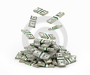 Stack of money american dollar bills falling into a pile 3d