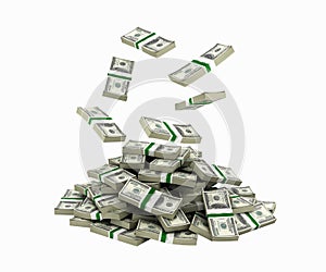 Stack of money american dollar bills falling into a pile without shadow 3d
