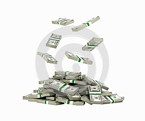 Stack of money american dollar bills falling into a pile without shadow 3d render