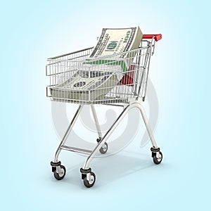 Stack of money american hundred dollar bills in the shopping trolley on blue gradient background 3d