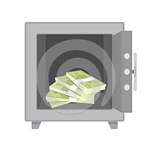 Stack money cash in metal safe. Vector safebox with stack