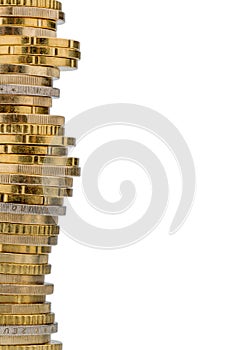 Stack of money coins against white background