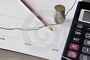 Stack of money coins with graph paper, pencil, calculator