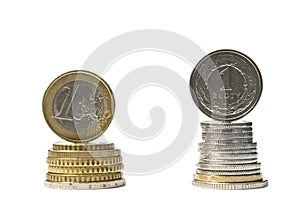 Stack of money euro and zloty coins. Currency rate comparison photo