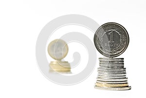 Stack of money euro and zloty coins. Currency rate comparison photo