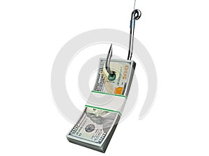 Stack of money on the fishing hook isolated on white