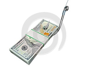 Stack of money on the fishing hook isolated on white