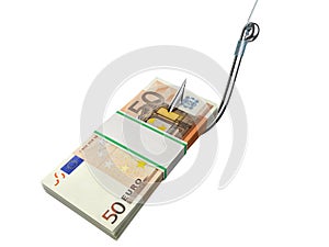 Stack of money on the fishing hook isolated on white