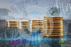 A stack of money growth coins. Double exposure of graph and rows of coins for financial and business concept. Image is tinted.