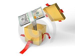 The stack of money jumps out of a gift box on a spring