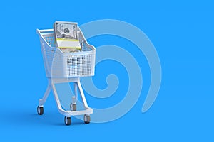 Stack of money in market cart. Heap of dollars. Copy space