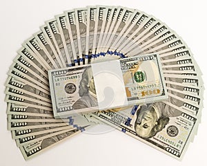 Stack of money in US dollars cash banknotes