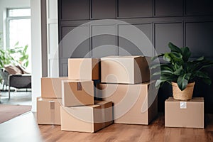 a stack of moving boxes in a living room