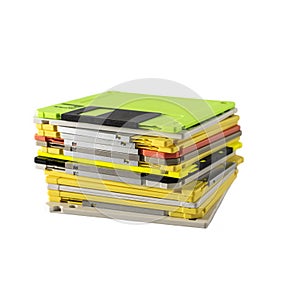 stack of multi-colored diskettes on white background. Colored floppy disks
