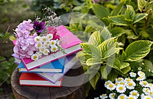 stack of multi-colored several books lie in the garden on a stump among flowers