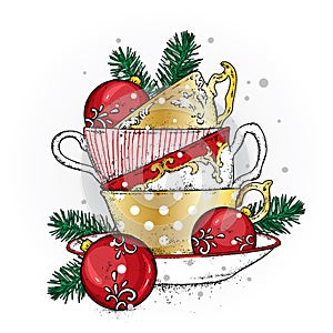 A stack of multi-colored vintage cups with Christmas balls. Vector illustration for a postcard or a poster. New Year.