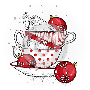 A stack of multi-colored vintage cups with Christmas balls. Vector illustration for a postcard or a poster. New Year.