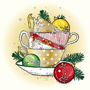 A stack of multi-colored vintage cups with Christmas balls. Vector illustration for a postcard or a poster. New Year.