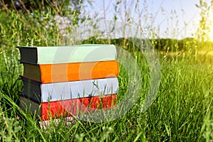 Stack of multicolored books on the green grass on the background of beautiful nature surrounded by meadows at sunny day.