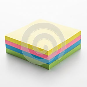 A stack of multicolored sticky notes is neatly arranged on a white surface. The notes