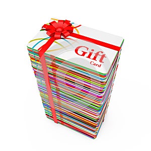 Stack of Multicolour Plastic Gift Cards with Red Ribbon and Bow. 3d Rendering