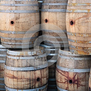 Stack of multiple oak barrels