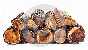 Stack of Natural Firewood Logs on White Background for Winter Fuel