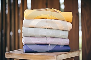 stack of naturally dyed cotton shirts on wood