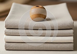 A stack of neatly folded, beige linen fabrics with a smooth texture is arranged in a