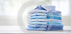 The stack of neatly folded blue shirts on a table in soft light. AI generated image