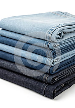 A stack of neatly folded denim jeans in varying shades of blue, ranging from light to