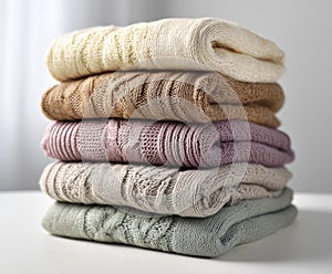 Stack of neatly folded, soft cable-knit sweaters