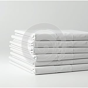 A stack of neatly folded white linens or sheets is arranged on a flat surface. The linens